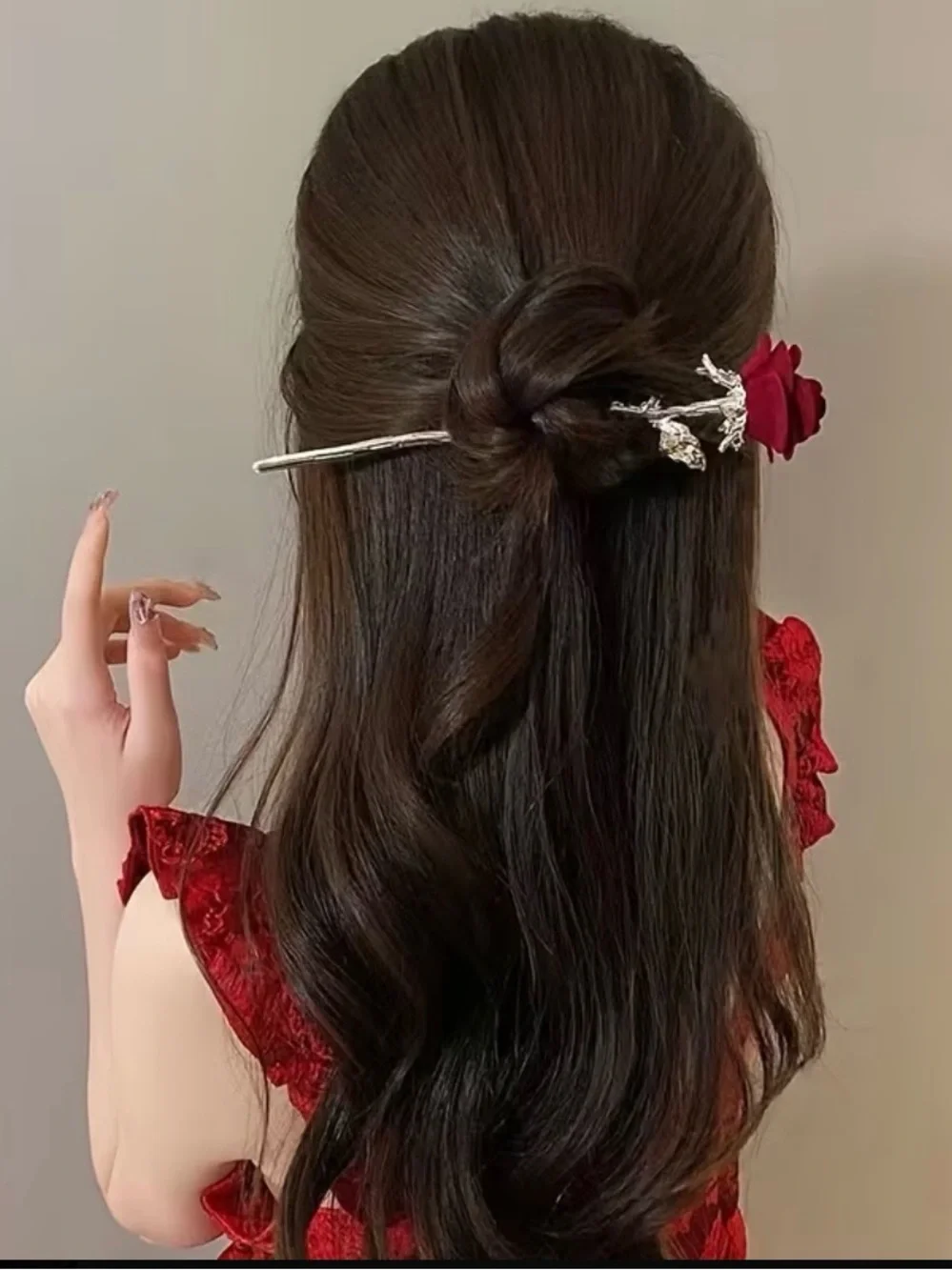 Gold Leaf Hair Pin with Red Velvet Rose Accent